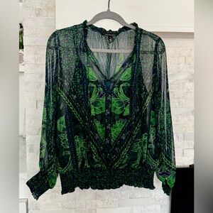 White House Black Market Green and Black Blouse